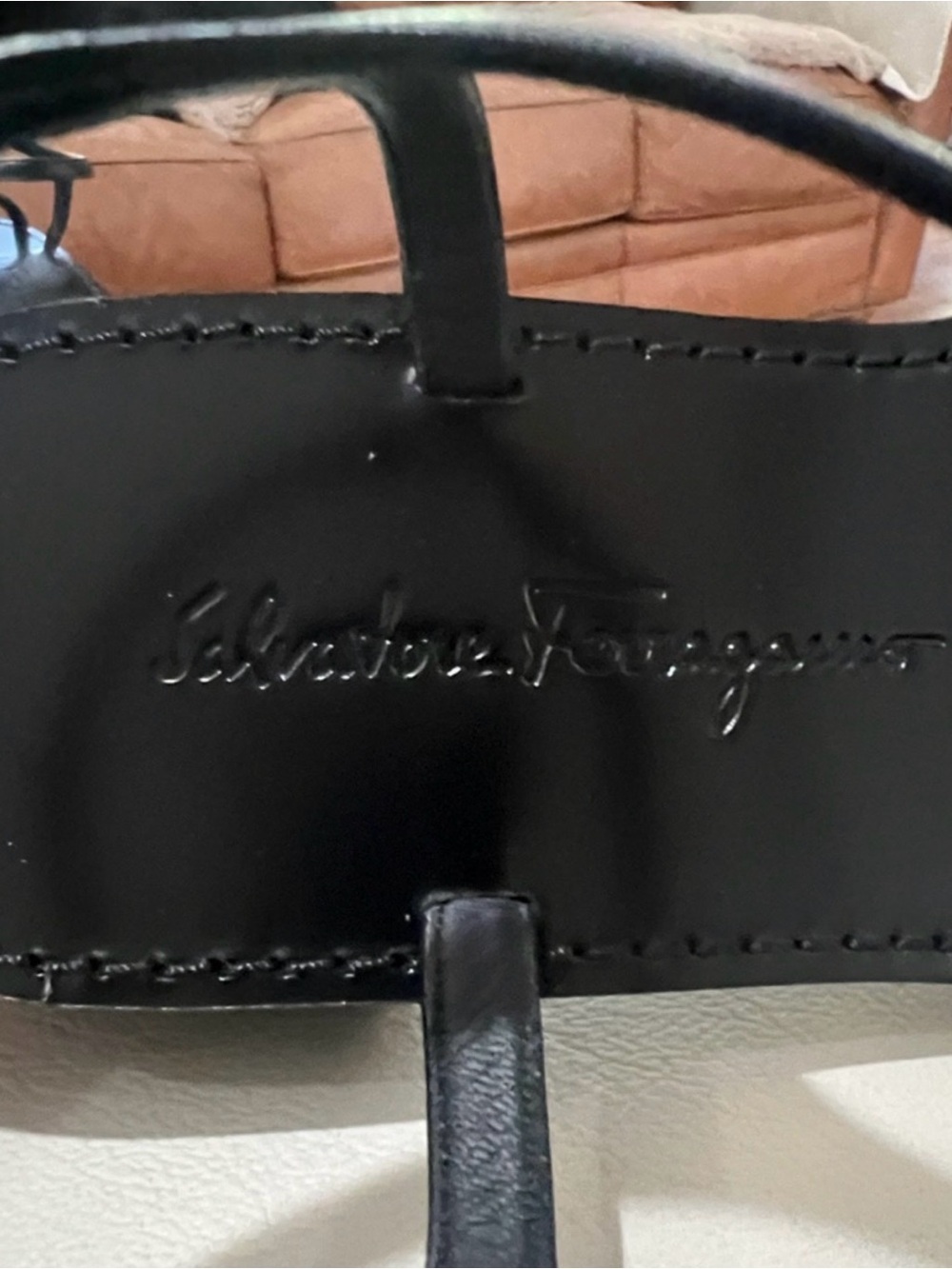 Salvatore Ferragamo Black Leather Sandals with Gold Chain Accent - Picture 5 of 7